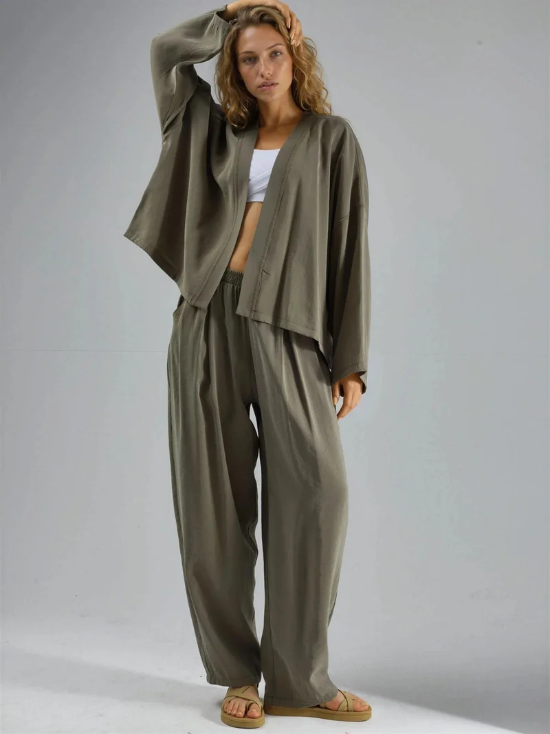Busem Khaki Green BUSEM Long Sleeve Loose Fit Kimono for Women | Best Price UAE
